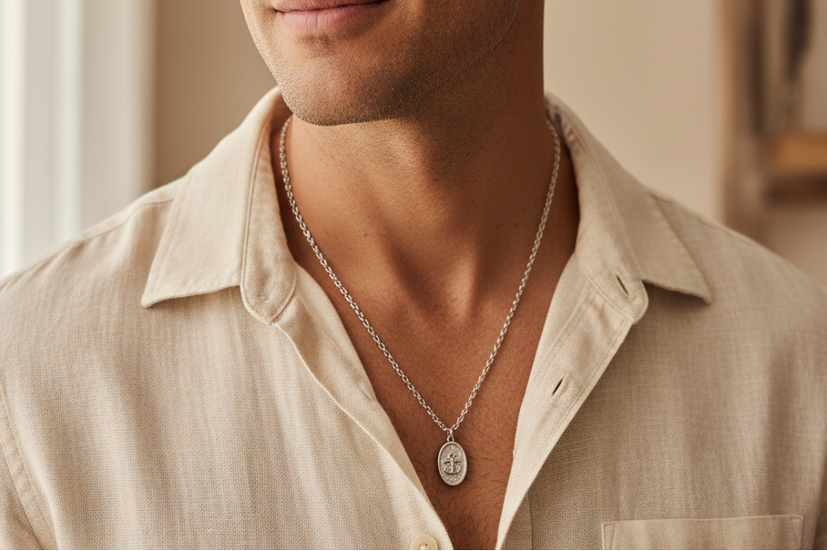 Man wearing the Anchor & Hope Necklace