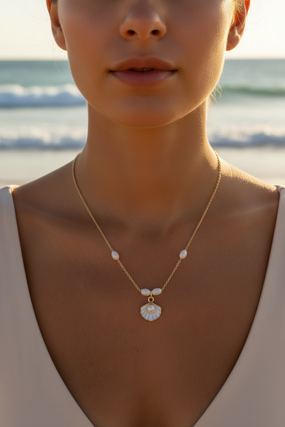 Ocean Pearl Shell Necklace - Woman Facing Forward