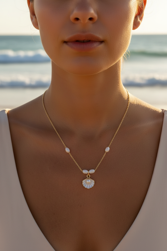 Ocean Pearl Shell Necklace - Woman Facing Forward