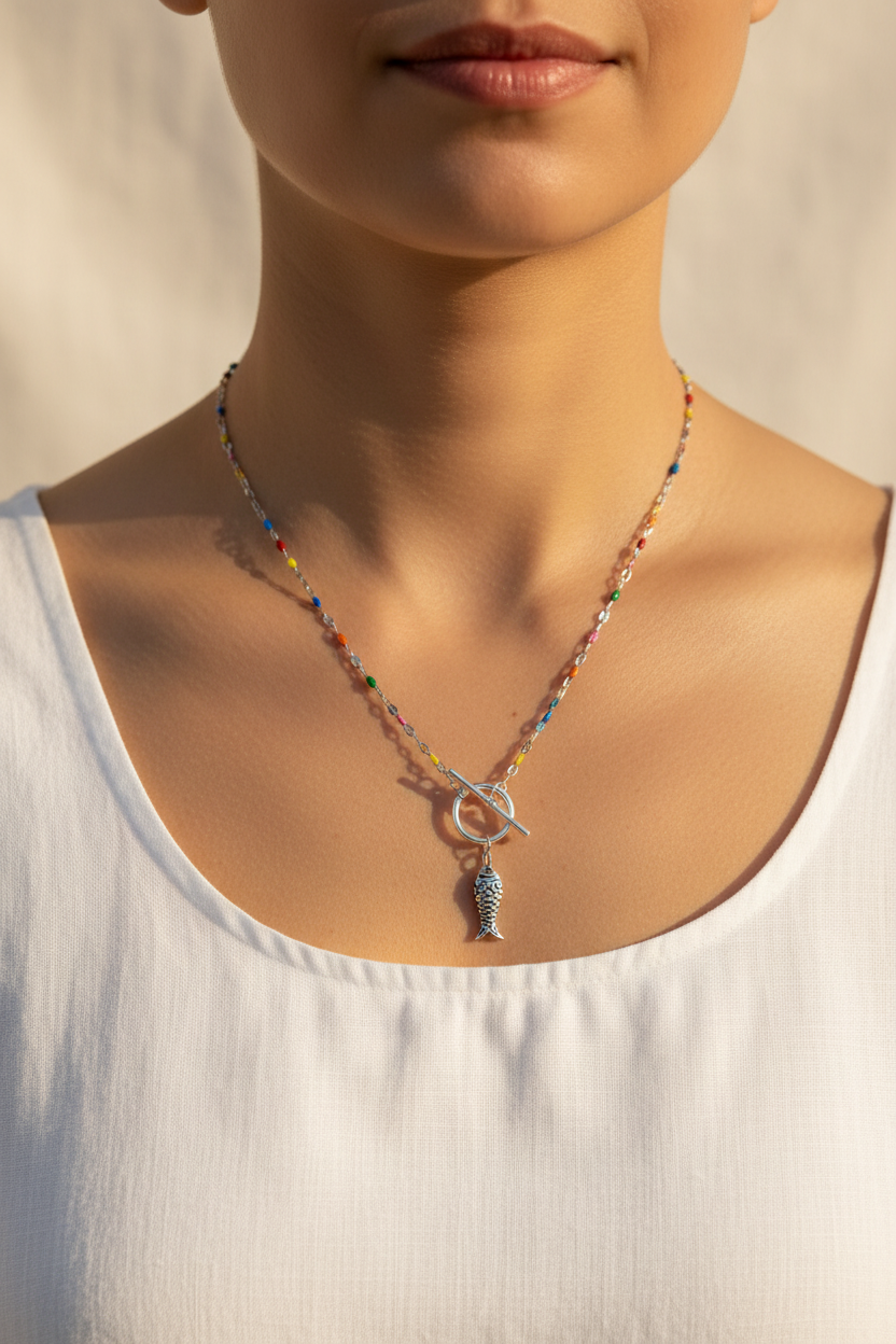Sea Glass Glow with Fish Charm on Model